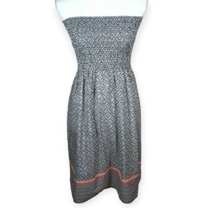 ATMOSPHERE BLACK & WHITE W/ ORANGE STRIPE STRAPLESS DRESS SZ.8 EUC.